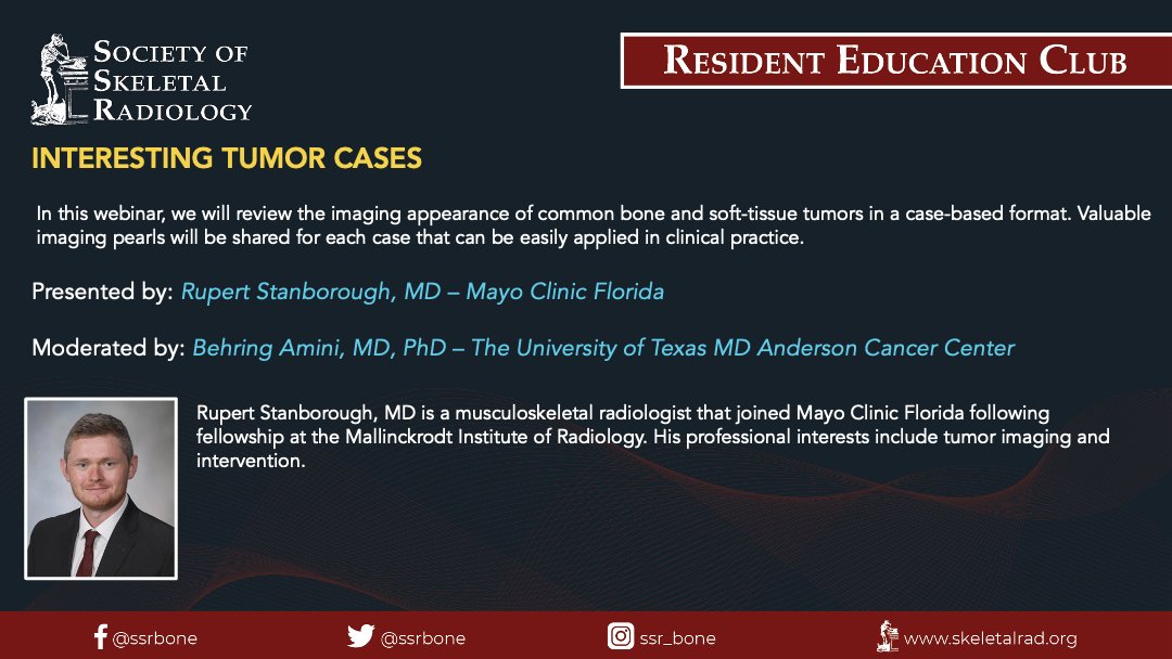 New year, New REC! Join us Wed, 01/10 @ 7PM ET as Dr. Rupert Stanborough of @MayoFL_RadRes presents his most interesting MSK tumor cases. 🔗 to register: skeletalrad.org/resident-educa… @HillaryGarnerMD @VivekKaliaMD @SoteriosGyft @cychang1414 @ssr_rwg @_the_SRT #mskrad #radres