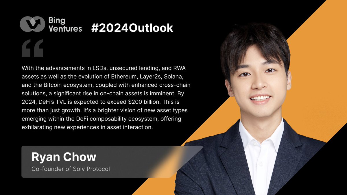 @RyanChow_DeFi, Co-founder of @SolvProtocol believes 2024 will see an explosion of on-chain assets, heralding a new DeFi era with ground-breaking #DeFi compatibility. 🚀✨ #Cryptocurrency #blockchain #decentralizedfinance #2024outlook #2024predictions