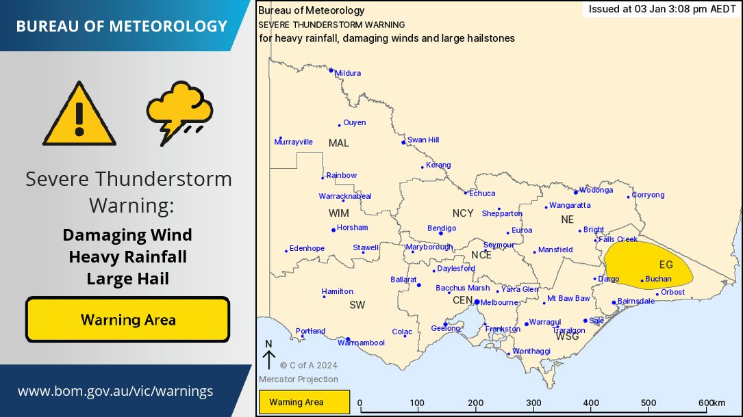 ⚠️ SEVERE THUNDERSTORM WARNING updated. Severe thunderstorms have contracted to East Gippsland for the moment. Severe storms may produce HEAVY RAINFALL that may lead to flash flooding, DAMAGING WINDS and LARGE HAIL in this area. Details: ow.ly/sngy50Qnhxe