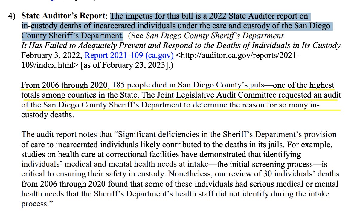 LoriSaldanaSD's tweet photo. Evolution of a bill:
Thanks to the work of local advocates, volunteers, and investigative journalist @SDUTmcdonald - on January 1, 2024, #AB268 added requirements for "a licensed health care provider and a licensed mental or behavioral health care provider" to the California Board of State and Community Corrections.
Here's how AB268 became law:
January 2021:
- #SanDiego volunteers increase pressure on local legislators to request an audit of San Diego jails, after the @sdut series "Dying Behind Bars" reports on the deaths of more than 140 people in local jails.
June 2021:
- Newly elected @asmakilahweber submits the audit request; it passes JLAC unanimously
February 2022:
- @CaStateAuditor announces findings of their investigation; Sheriff Gore resigns the same day
January 2024:
-#AB268 becomes law in #California- designed to protect people's health & safety and save lives in custody