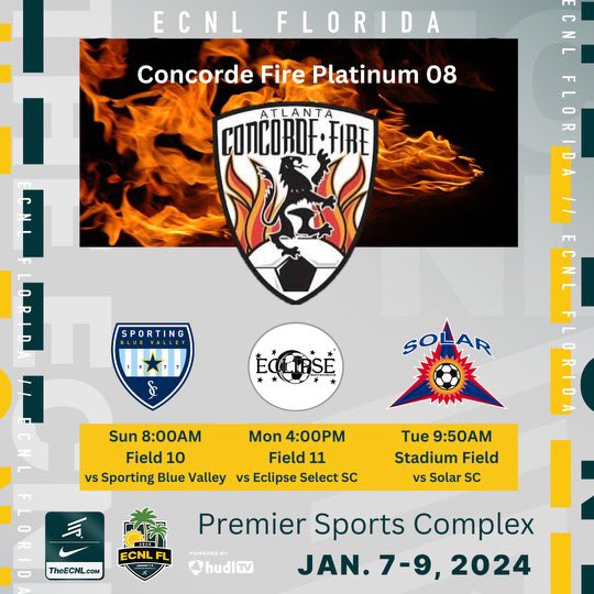 Our team is excited to kick off 2024 in the Sunshine State at #ECNLFL! Check out our schedule below! Go Fire! <a href="/ConcordeSoccer/">Concorde Fire Soccer</a> <a href="/ECNLgirls/">ECNL Girls</a> <a href="/TopDrawerSoccer/">TopDrawerSoccer</a> <a href="/ImCollegeSoccer/">College Soccer Truth ™</a>