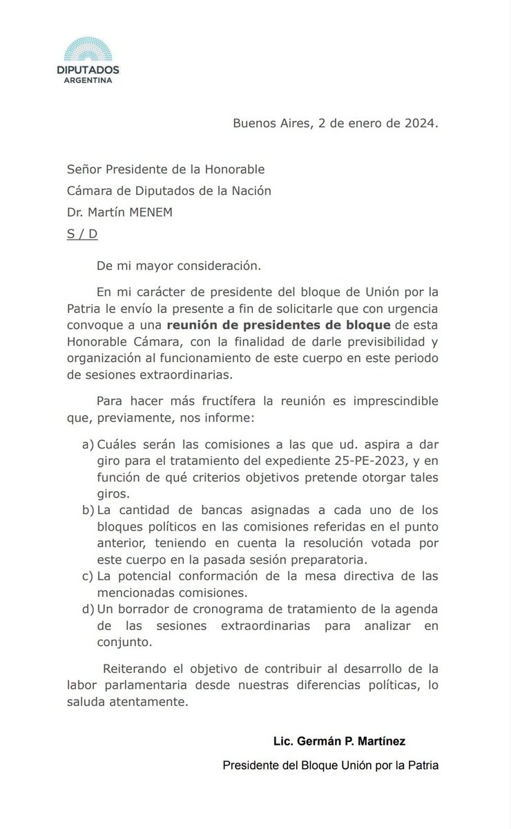 Solicitamos #urgente una reunión de presidentes de bloque para saber de qué manera quieren tratar la 'Ley Ómnibus' en @DiputadosAR. 

No conocemos a qué comisiones se girará; cómo se integrarán las mismas; y con qué posible cronograma.

Más diálogo, menos off the record.