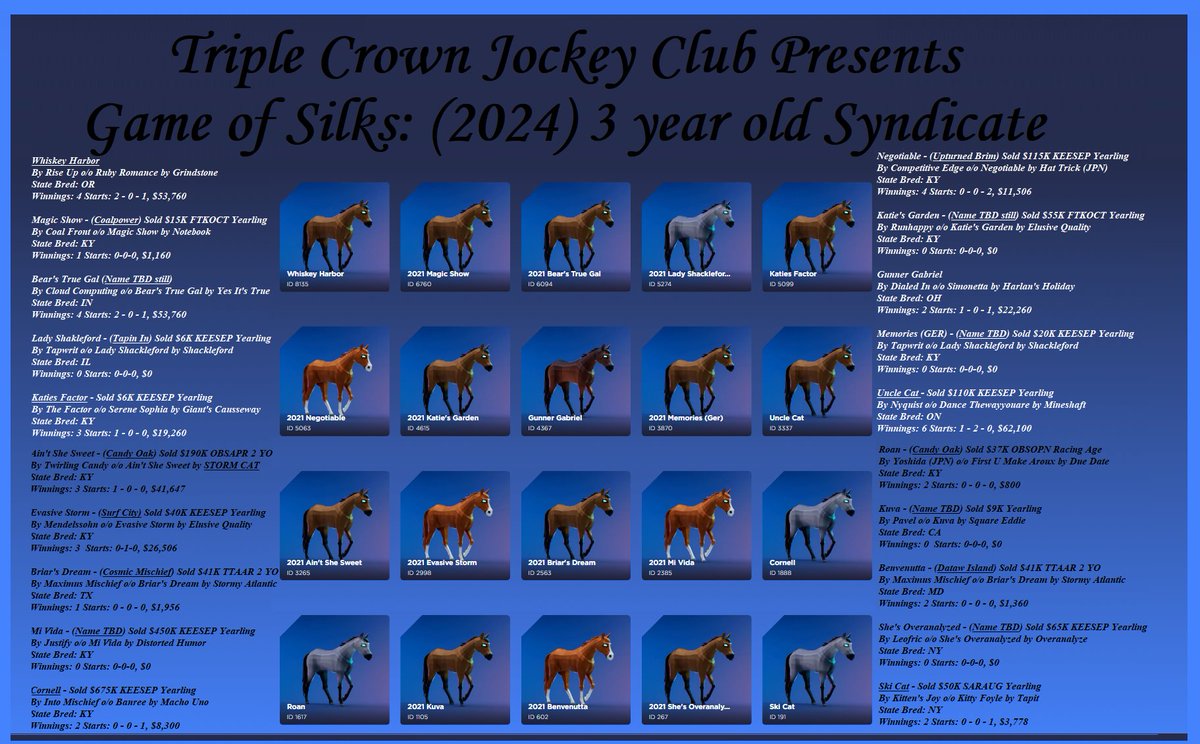 TCJockeyClub's tweet photo. Our Syndicate's 20 @gameofsilks Thoroughbreds/Digital twins to the IRL athletes. 250K in earnings as 2-year-olds what can they do as 3-year-olds?

Earn as they earn! Brilliant!! Fantasy Horse Racing at its finest! Who wants in?

Let's Go! Racing! Digital &amp; IRL #TCJC #HorseRacing https://t.co/x3PFEtlzDh