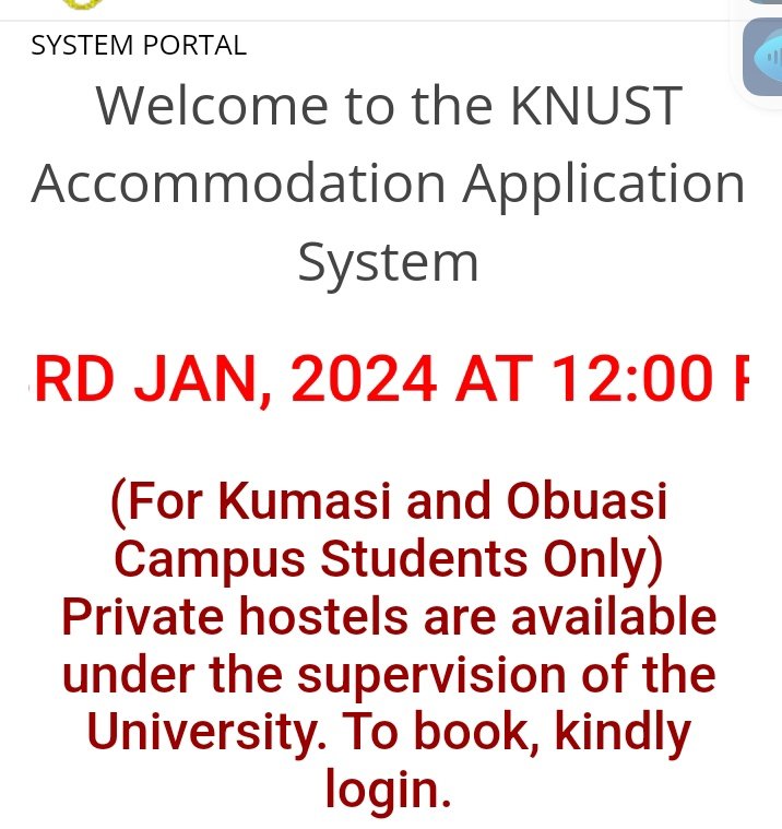 EASI4U's tweet photo. 📍 UPDATE ON ACCOMMODATION 📍
On 3rd January, 2024 at 12:00 PM the portal will be activated for freshers to  reserve rooms in Traditional Halls.
It might be Programme- based booking. (Halls might be available for Booking depending on the programme of study)
PREPARE!
#KNUST #EASI https://t.co/SyUm9QbSQ1