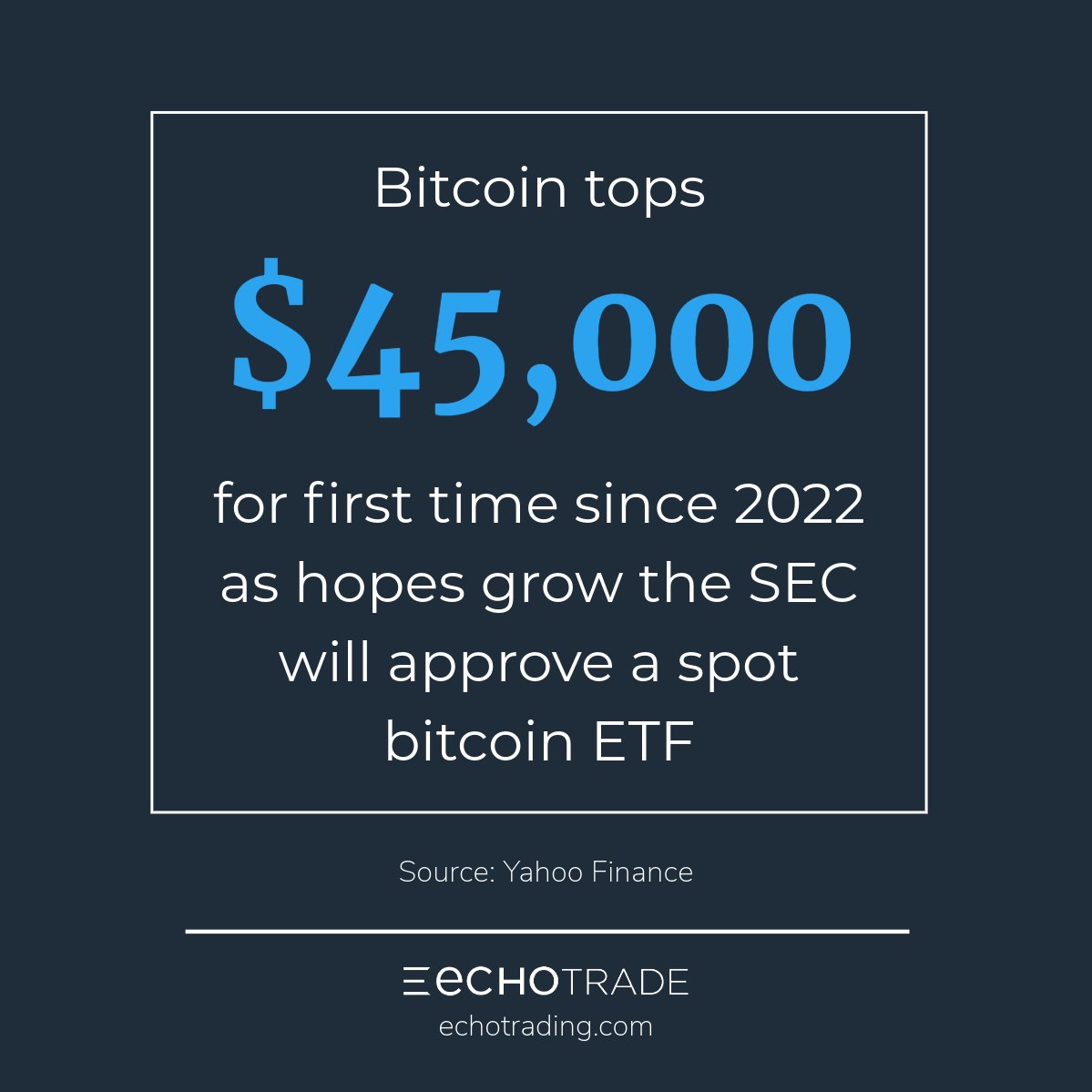 echotrade_'s tweet photo. Bitcoin up 3% and over $45,000. The market seems optimistic the SEC will approve a spot bitcoin ETF. Will #bitcoin continue its run?
https://t.co/6Ef0AWXZwU
#bitcoinetf #echotrade #echotrading https://t.co/Hgg0gmSZqv