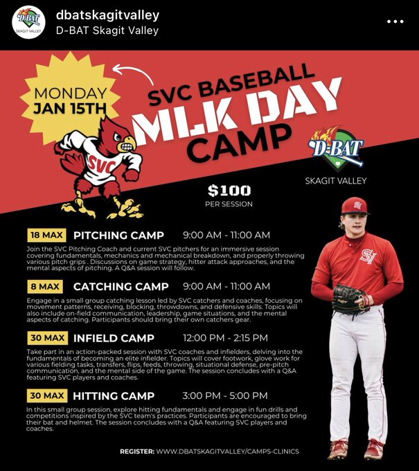 PNW College Baseball Report (@pnw_cbr) on Twitter photo 🚨 PROSPECT CAMP ⛺️
Skagit Valley College is holding an MLK Day Camp. A potential prospect camp, as well as a youth season prep camp, happening Monday, January 15th, hosted by <a href="/DBATSV/">D-BAT Skagit Valley</a>.
Open to players age 10-19
Spots are still available!
More info at dbatskagitvalley.com 🚨 PROSPECT CAMP ⛺️
Skagit Valley College is holding an MLK Day Camp. A potential prospect camp, as well as a youth season prep camp, happening Monday, January 15th, hosted by <a href="/DBATSV/">D-BAT Skagit Valley</a>.
Open to players age 10-19
Spots are still available!
More info at dbatskagitvalley.com
