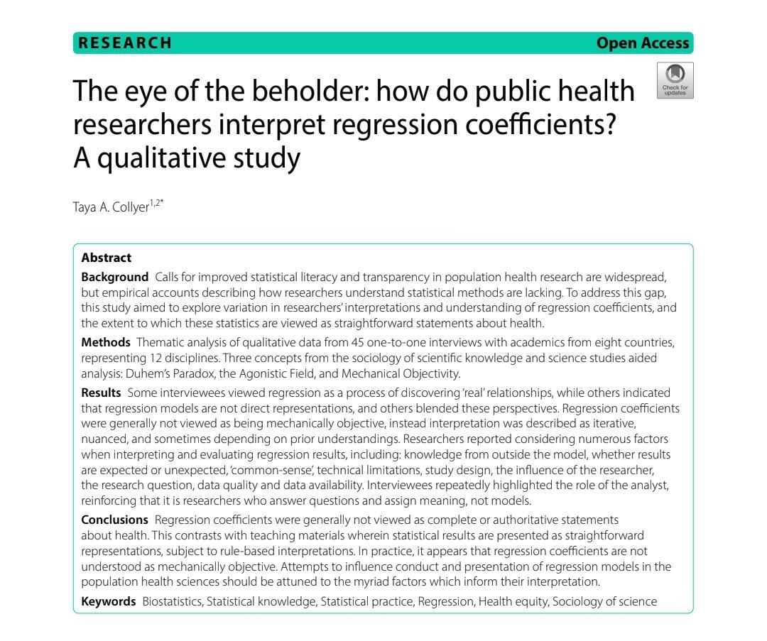 NEW PAPER: ✨How do public health researchers interpret regression coefficients?✨ 

doi.org/10.1186/s12889…

Not a survey or quiz, this is qualitative work exploring diverse epistemological and interpretative practice in biostatistics. 

#statstwitter #epitwitter