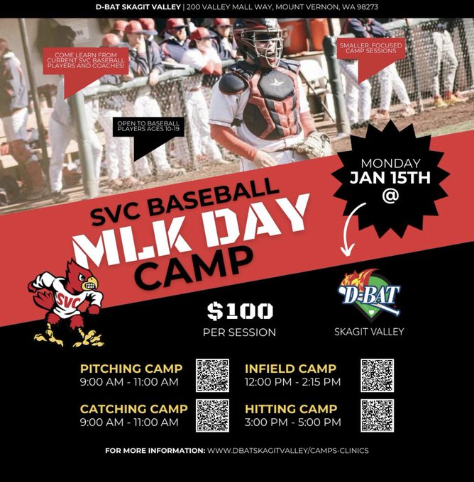 PNW_CBR's tweet image. 🚨 PROSPECT CAMP ⛺️

Skagit Valley College is holding an MLK Day Camp. A potential prospect camp, as well as a youth season prep camp, happening Monday, January 15th, hosted by @DBATSV.

Open to players age 10-19
Spots are still available! 
More info at dbatskagitvalley.com