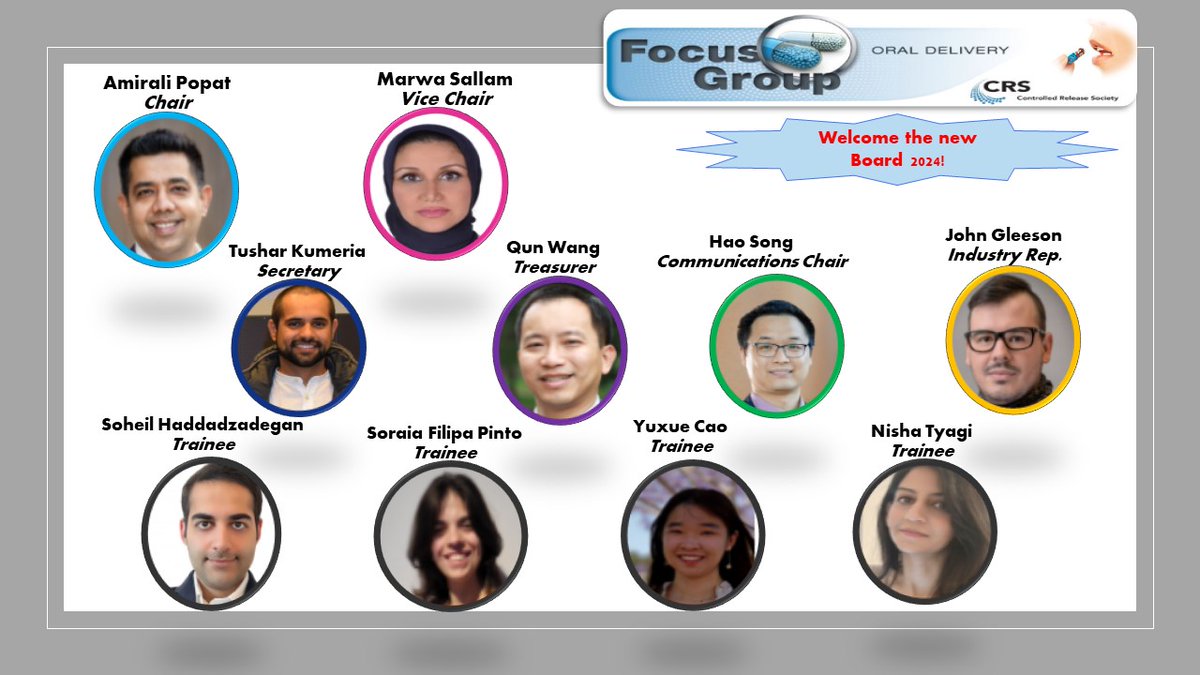 CRS Oral Delivery Focus Group (@crs_fg_oral) on Twitter photo We are excited to announce our new Board Members for the Oral Delivery Focus group <a href="/CRS_FG_Oral/">CRS Oral Delivery Focus Group</a> <a href="/CRSScience/">Controlled Release Society</a> # 2024.Stay tuned for what we have in store for 2024!🔬🧫🦠 We are excited to announce our new Board Members for the Oral Delivery Focus group <a href="/CRS_FG_Oral/">CRS Oral Delivery Focus Group</a> <a href="/CRSScience/">Controlled Release Society</a> # 2024.Stay tuned for what we have in store for 2024!🔬🧫🦠