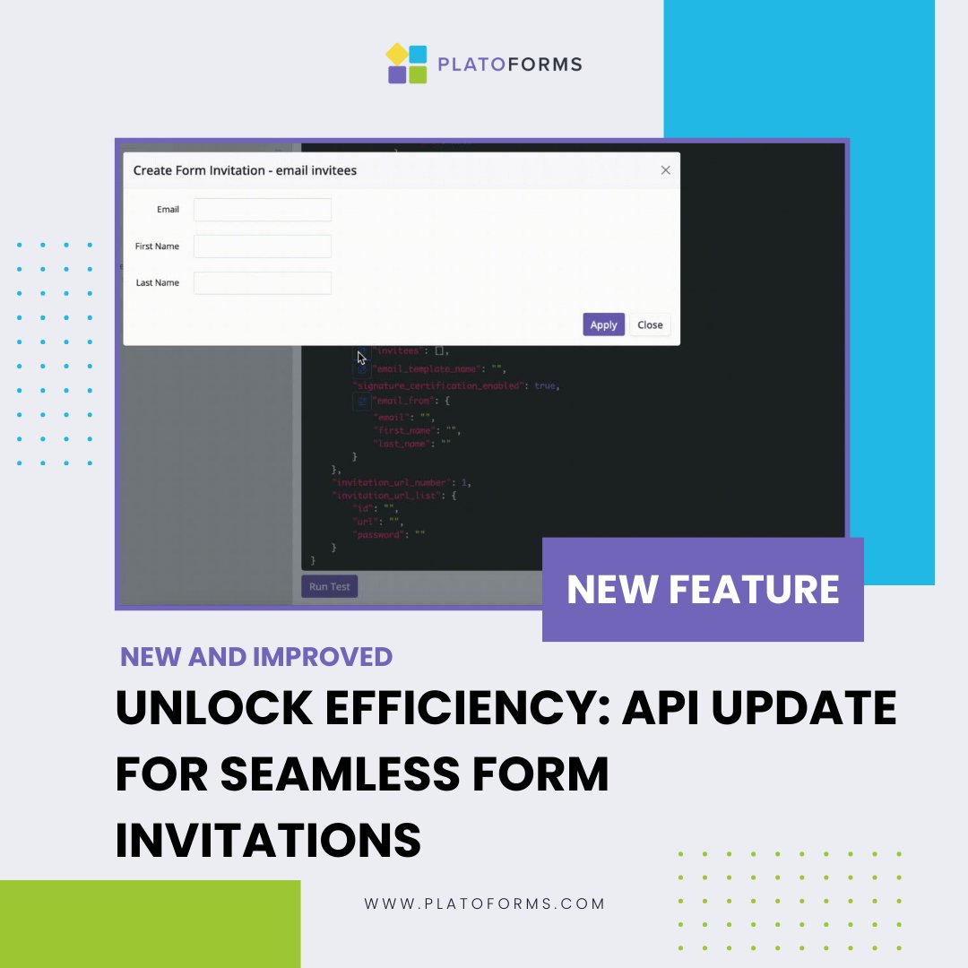 PlatoformsHQ's tweet image. What’s New?

🚀 Our updated Create Form Invitation API is now live in the API Playground. Discover the convenience of filling in invitee details — email and name — with just a few clicks. 

Visit our website to learn more:
platoforms.com/online-fillabl…

#PDFautomation #DigitalSignature