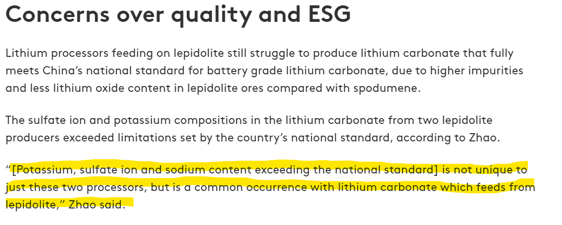 sparkes_dwayne's tweet photo. No coffee today as I spat it out reading Goldman Sachs' lithium supply table which popped up in my twitter feed.

What i find most intriguing about this table is that it states the majority of lithium supply will come from China itself, in particular internal lepidolite and brine.

In my opinion, this is unrealistic and the numbers don't quite seem logical.  Lets break down the lepidolite numbers:

They are predicting that 462,000t of LCE will be produced internally from Chinese lepidolite in the year 2030.

Using a previous post of mine (i'll put the link in the comments below), for a lepidolite ore of grade 0.55%, you need approximately 14 tonnes of lepidolite to get SC6 equivalent. Roughly 6 tonnes of SC6 is needed for 1 tonne of LCE.

You need around about 14 * 6 = 84 tonnes of lepidolite ore grading 0.55% to get 1 tonne of LCE... 🤯

84 * 462,000t LCE  = 38,808,000 tonnes of ore grading 0.55% to meet 2030 yearly output prediction alone. That's 6 years away...

The largest documented lepidolite mine within China is the "414 Mine". Approximately has 130Mt @ 0.38% li2O. That's roughly equivalent to a #GL1 Manna deposit in terms of contained lithium.  Plug the above 0.38% into the previous calc and you're almost processing half of China's biggest documented lepidolite deposit yearly... Defies logic for me.

Also, the above is just talking about pure tonnage. The waste products (which i've touched on in previous posts) from the deleterious elements (iron, fluorine, potassium, etc.) within lepidolite will be astronomical. There are already reports of converters sending ore back and tailing storages blowing out in size. How is it going to look when you are processing 38Mt+ of low grade lepidolite ore a year?

Lepidolite contains more deleterious elements than spodumene, is generally lower grade,  is slower and more difficult to process, especially in the leaching stage.  I'm sticking to my view that the lepidolite deposits and stockpiles get exhausted soon and that the processing of lepidolite is a short term attempt by China to squash the market. IMO there is no chance lepidolite will ever be cheaper than spodumene to process and it isn't a realistic solution to meet future lithium demand. Cheers for reading.