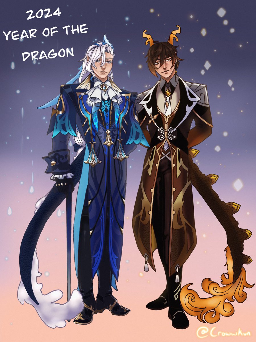 Crowwkun's tweet photo. I love my two dragon boys 🐉 #GenshinImpact #Neuvilette #Zhongli #YearofTheDragon (yes I know Zhongli isn’t technically a dragon, but shush) https://t.co/5iFQTsOUpj