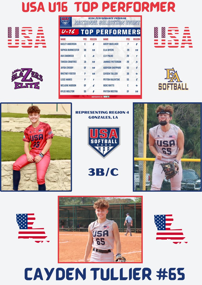 Honored to have been chosen as a USA U16 Top Performer. Thank you for a great experience. Can’t wait to experience more USA Softball in the future! ❤️🤍💙<a href="/USASoftball/">USA Softball</a> <a href="/USA_SB_LA/">USA Softball of Louisiana</a> <a href="/samfischer52/">sam fischer</a> <a href="/TayEdwards212/">Taylor Edwards</a> <a href="/bayleekling/">Baylee Klingler</a> <a href="/yankeekk12/">Kelly Kretschman</a> <a href="/catosterman/">Cat Osterman OLY</a> <a href="/lesleyfeldman/">Lesley</a> <a href="/Jamie_Trachsel/">Jamie Trachsel</a>