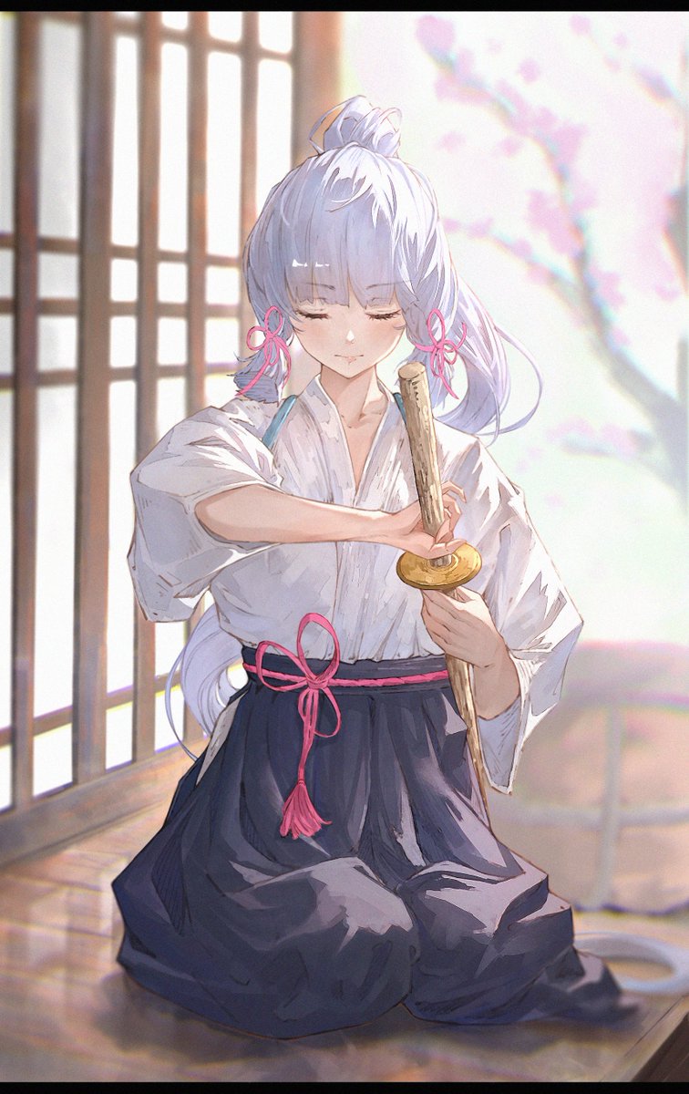 kamisato ayaka 1girl solo closed eyes japanese clothes sitting long hair sword  illustration images