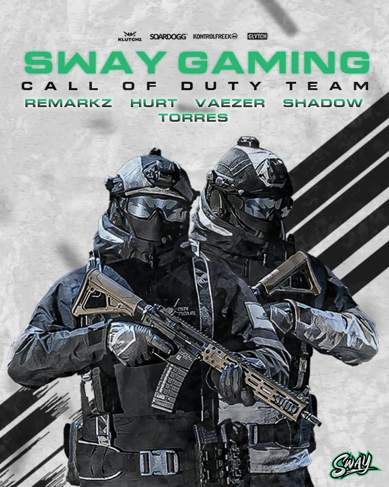 Sway Esports (@swaygg) on Twitter photo ๐จ Roster Announcement ๐จ
Today's a good day to make a move..
Please welcome in, our new Call of Duty roster!
๐ฆ <a href="/RRemarKz/">Prometheus</a> ๐จ๐ฆ
๐ฆ @JoyalyXo ๐บ๐ธ
๐ฆ @NBDShadoww ๐บ๐ธ
๐ฆ @Vaezerr ๐จ๐ฆ
๐ฆ <a href="/TorresJuice__/">Torres</a> ๐จ๐ฆ
Let's get to work guys!
#SwayCoD | #OurSway
@Klutch1 <a href="/SoarDogg/">SoarDogg Apparel</a> ๐จ Roster Announcement ๐จ
Today's a good day to make a move..
Please welcome in, our new Call of Duty roster!
๐ฆ <a href="/RRemarKz/">Prometheus</a> ๐จ๐ฆ
๐ฆ @JoyalyXo ๐บ๐ธ
๐ฆ @NBDShadoww ๐บ๐ธ
๐ฆ @Vaezerr ๐จ๐ฆ
๐ฆ <a href="/TorresJuice__/">Torres</a> ๐จ๐ฆ
Let's get to work guys!
#SwayCoD | #OurSway
@Klutch1 <a href="/SoarDogg/">SoarDogg Apparel</a>