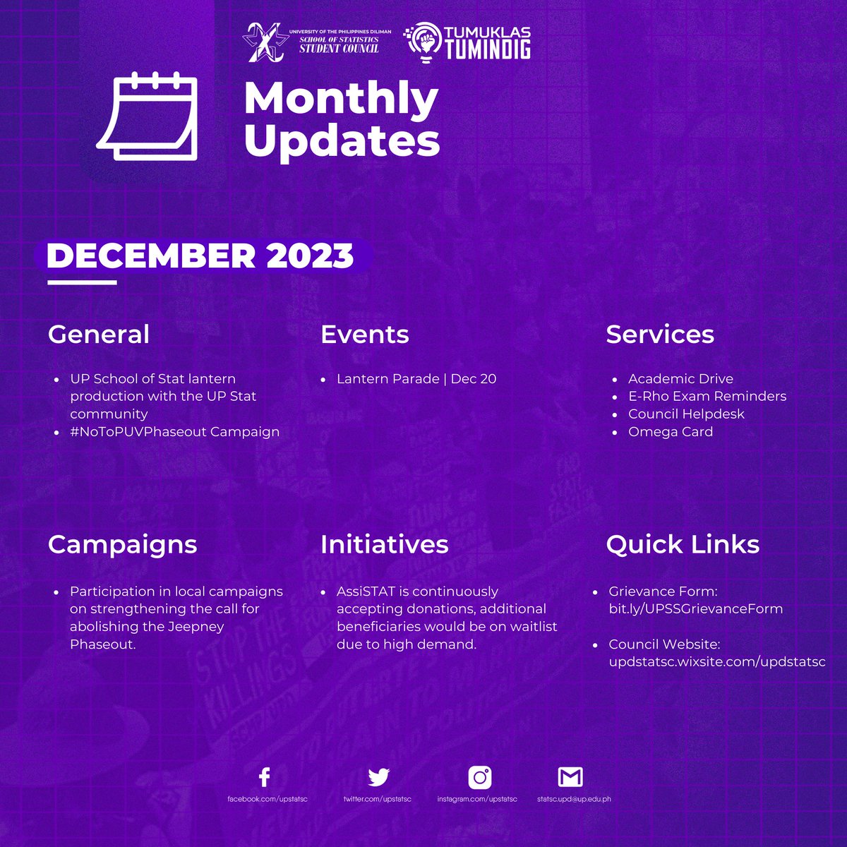 UPStatSC's tweet photo. MONTHLY UPDATES | DECEMBER 2023

With its commitment to uphold transparency and accountability, the UP Stat SC presents the updates for the month of December.

#TumuklasTumindig https://t.co/ZKLw3VUHhs
