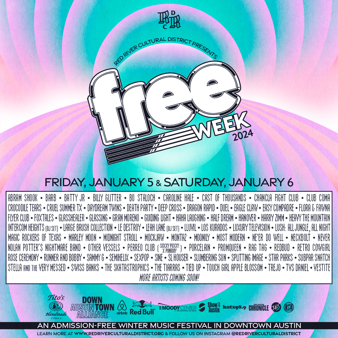 KUTX's tweet photo. Join KUTX & the Red River Cultural District for #FreeWeekATX this FRI & SAT! More than a dozen venues will host performances from your favorite local bands, & it's all free! Our showcase is Friday w/ Artist of the Month @shouserrr, promqueen, & Never! Info https://t.co/d29HQrp3Su https://t.co/GcoIvYCE9C