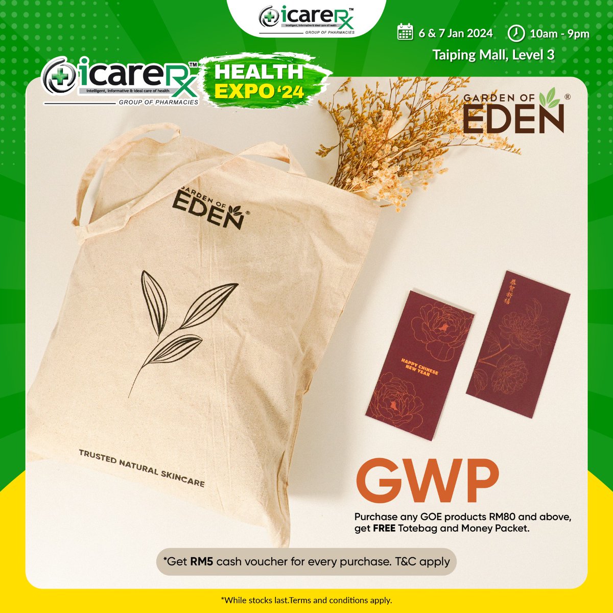 GOESkincare's tweet photo. Join us at ICare Health Expo 3024🌱Get a FREE skin analysis and even a Gift With Purchase of our Tote bag and Money Packets!

Do come and visit us at Taiping Mall this 6th and 7th January 2024 for some exclusive deals and offers ✨  T&amp;C's apply.

See you all there real soon! https://t.co/3N4yDtRXi2