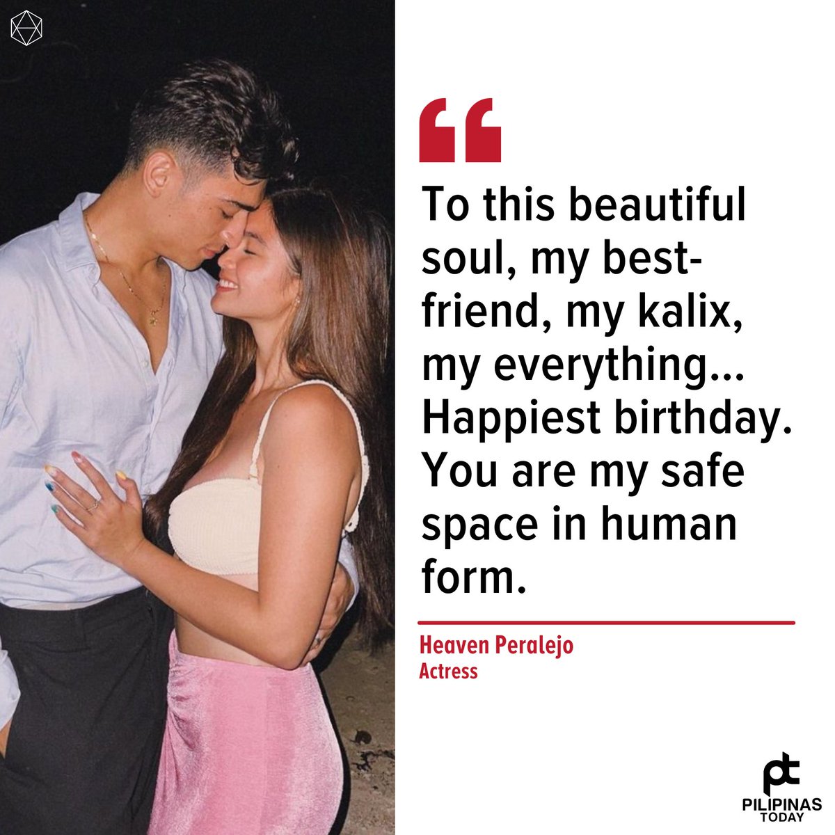 PilipinasToday_'s tweet photo. HEAVEN PERALEJO: “To this beautiful soul, my bestfriend, my kalix, my everything… Happiest birthday. You are my safe space in human form. I hope you achieve your dreams and I will always be by your side cheering you on ❤️ Uno.”

#PilipinasToday
#HeavenPeralejo
#MarcoGallo https://t.co/ZO55o2JbGd