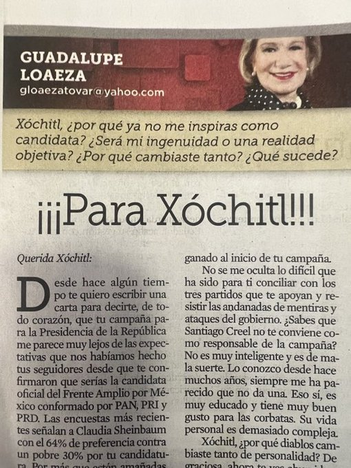 ElNopalTimes's tweet photo. “Ya no eres chistosa, ni ocurrente"
“Tus atuendos ya no son tan bonitos y atractivos como los de antes"
"Tu pelo se ve demasiado plano y oscuro” 
“Te ves aburrida y frustrada” 
"Nadie quiere un ama de casa como Presidenta”.

Parte de los mensajes que le dedicó Guadalupe Loaeza a @XochitlGalvez. Decepciona hasta a los suyos, los clasistas y racistas. 

Vaya nivel tan bajo también de criticar a alguien, dice mucho de lo que representan y de lo que piensan. 

#OposicionMoralmenteDerrotada