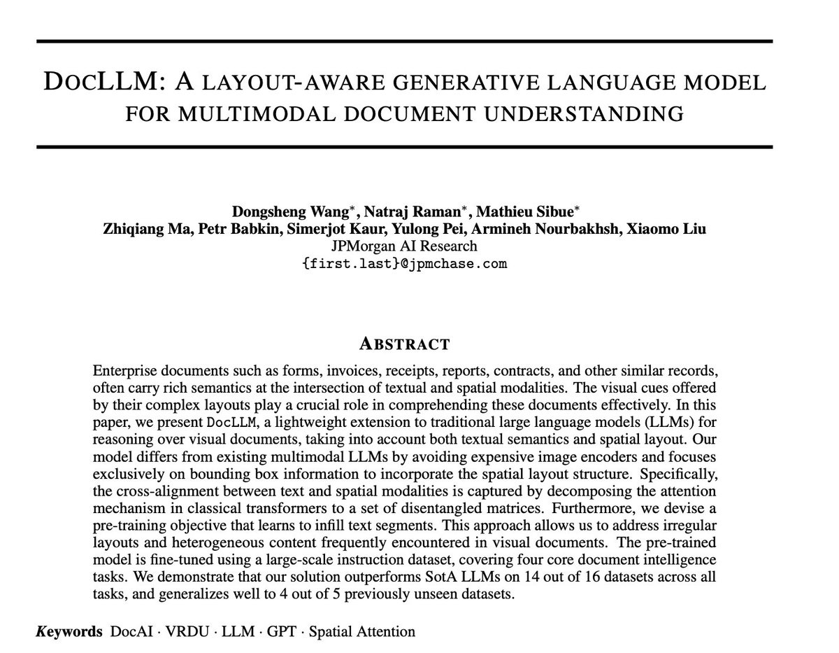 _akhaliq's tweet image. JPMorgan announces DocLLM
A layout-aware generative language model for multimodal document understanding
paper page: huggingface.co/papers/2401.00…
Enterprise documents such as forms, invoices, receipts, reports, contracts, and other similar records, often carry rich semantics at the…