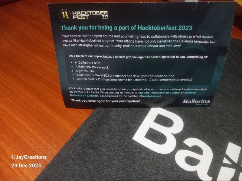 JGunaweera's tweet photo. Happy to be a winner at Ballerina X Hacktoberfest 2023

I received,

A $25 Amazon voucher
A Ballerina T-shirt
Ballerina stickers
Free vouchers-wso2 certifications
$1,000 choreo credits 

Thanks Ballerina for these remarkable swags!❤️

#Ballerina #Ballerinalang #Hacktoberfest2023 https://t.co/Eqw1eDiZZz