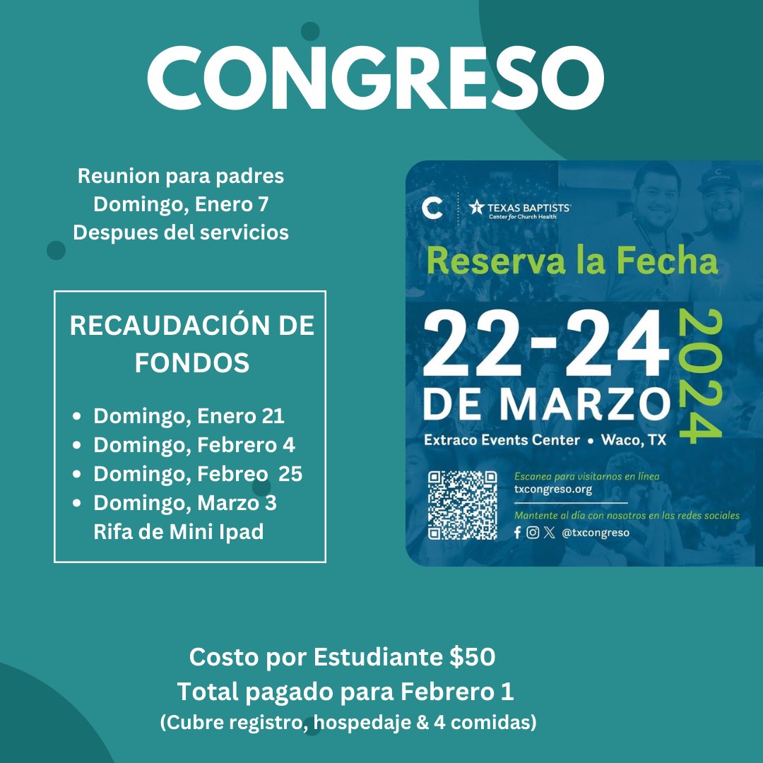 Atención padres, el 7 de enero tendremos una reunión para proveer información acerca de el <a href="/TXCongreso/">Congreso</a> de jóvenes, que este año será en la ciudad Waco. ¡Acompáñanos!