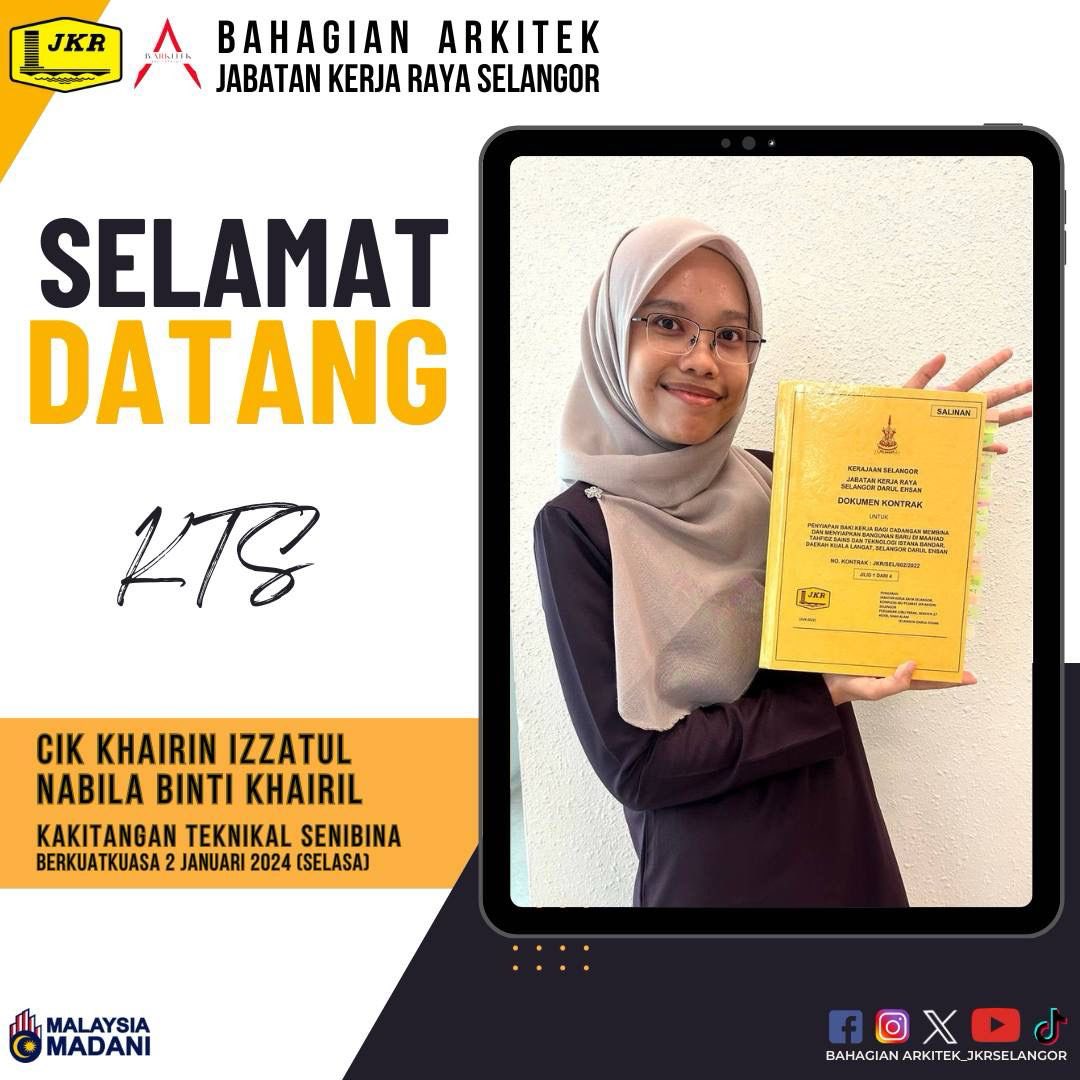 Tahniah &amp; selamat datang ke Bahagian Arkitek JKR Selangor.

Semoga kita semua dapat memberikan khidmat yang cemerlang untuk Negeri Selangor yang tercinta ini.

<a href="/JKRSelangor/">JKR Selangor</a>