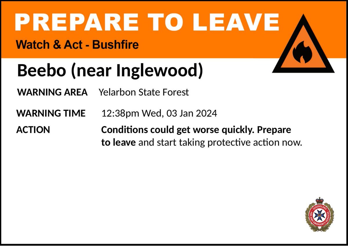 PREPARE TO LEAVE - Beebo (near Inglewood) - fire as at 12:38pm Wednesday, 3 January 2024. For all current warnings, updates and mapping go to qfes.qld.gov.au/Current-Incide….