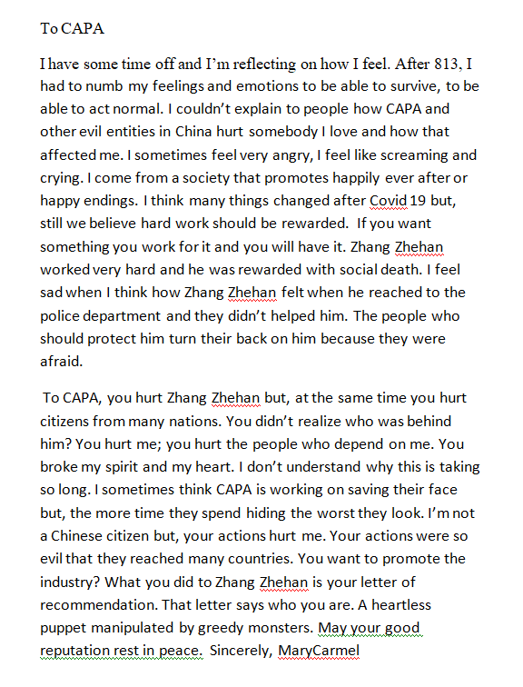 MaryCar1576's tweet photo. I found the letter a wrote to CAPA a while ago. It took me hours to write it. I couldn't stop crying. I'm able to read it without crying now, but I will never forget what these monsters did & are doing to ZZH.
#ZhangZhehanIsInnocent #QuestionCAPA https://t.co/Bq9OauWjyx