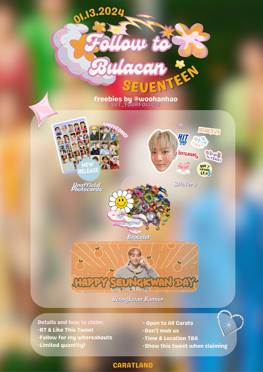 ✨️ follow to bulacan day 1 freebies ✨️

hi carats! i will be giving away seungkwan banners and unofficial kits on january 13! 

☆ like and retweet; follow me for updates on my loc
☆ 1:1 ratio 

see u there!🥰

#FOLLOW_TO_BULACAN #SVT_TOUR_FOLLOW
#SEVENTEENinBULACAN