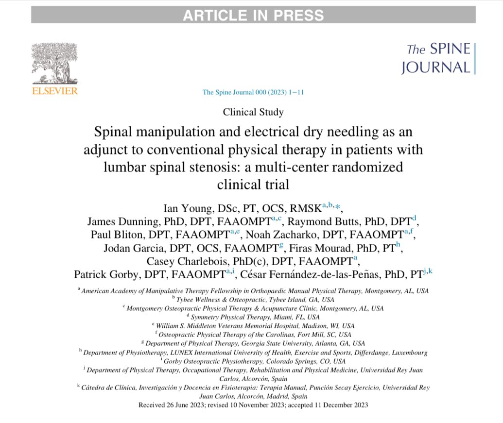 Nice way to start the new year. Hot off the press.

Spinal manipulation &amp; electrical dry needling as an adjunct to conventional physical therapy in patients with lumbar spinal stenosis: a multi-center randomized clinical trial pubmed.ncbi.nlm.nih.gov/38103739/ #AAMTFellowship #stenosis