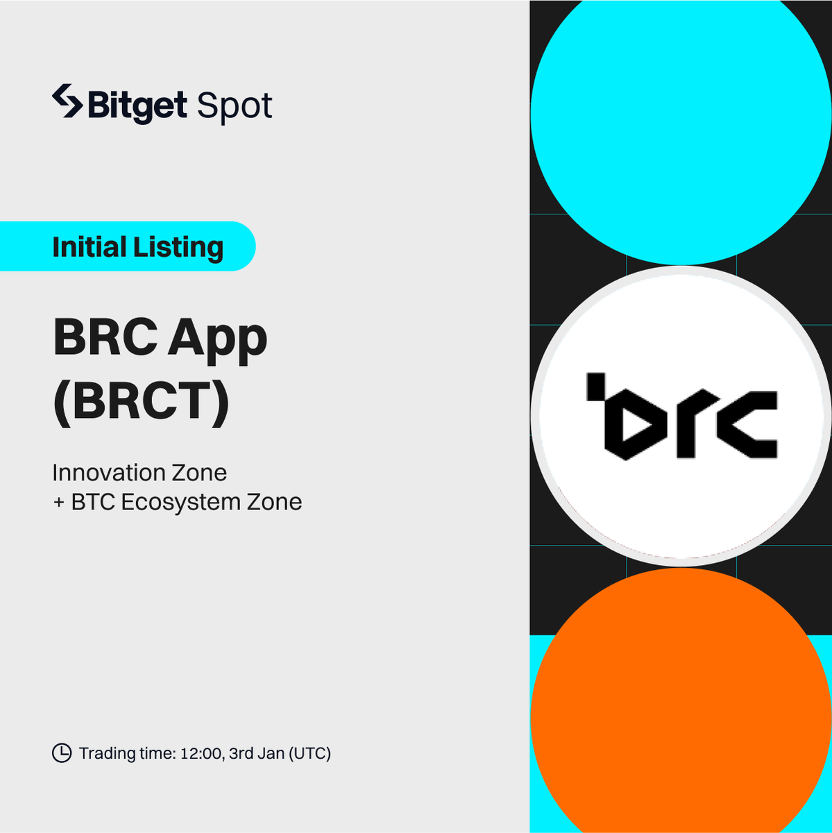 bitget's tweet photo. 💥 Initial Listing @BRCapp

#Bitget will list $BRCT/USDT on Jan 3, 12:00 UTC. Deposit now!

🎁 A total $100 #giveaway for 10 members! Just follow, RT &amp; tag 3 friends.

Listing - https://t.co/osAlS53pZw
Campaign - https://t.co/Mml7amVRVl