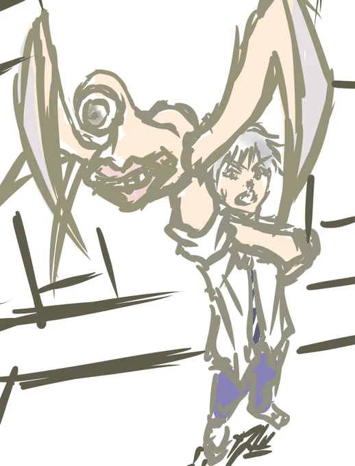 #今日の参考ポーズ  今日(1月3日)のポーズをもとにラフを描きました。  寄生獣の新一とミギーです(実写映画版)。 近いうち完成させます。 
