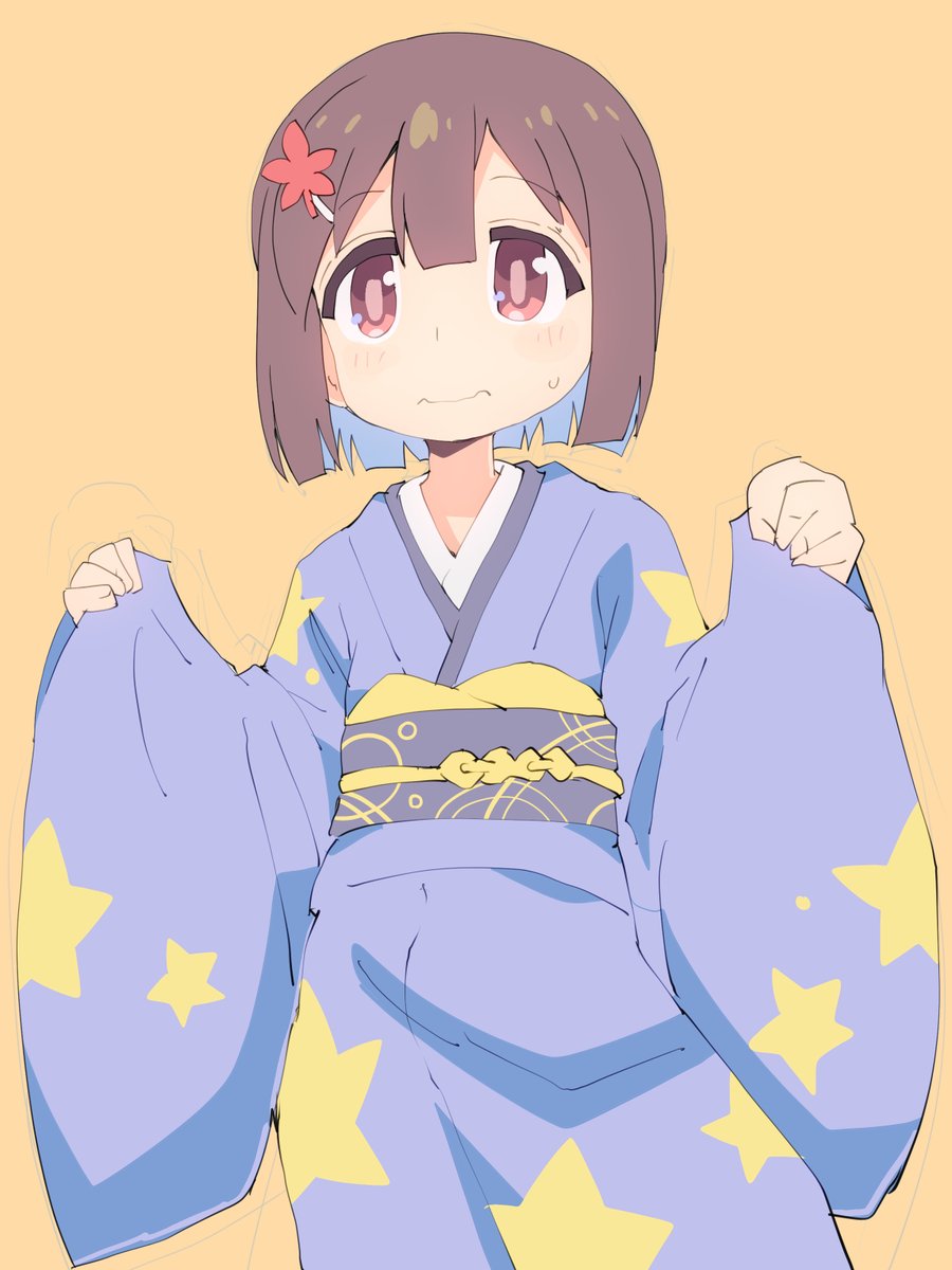 hozuki momiji 1girl solo japanese clothes kimono brown hair blue kimono sash  illustration images
