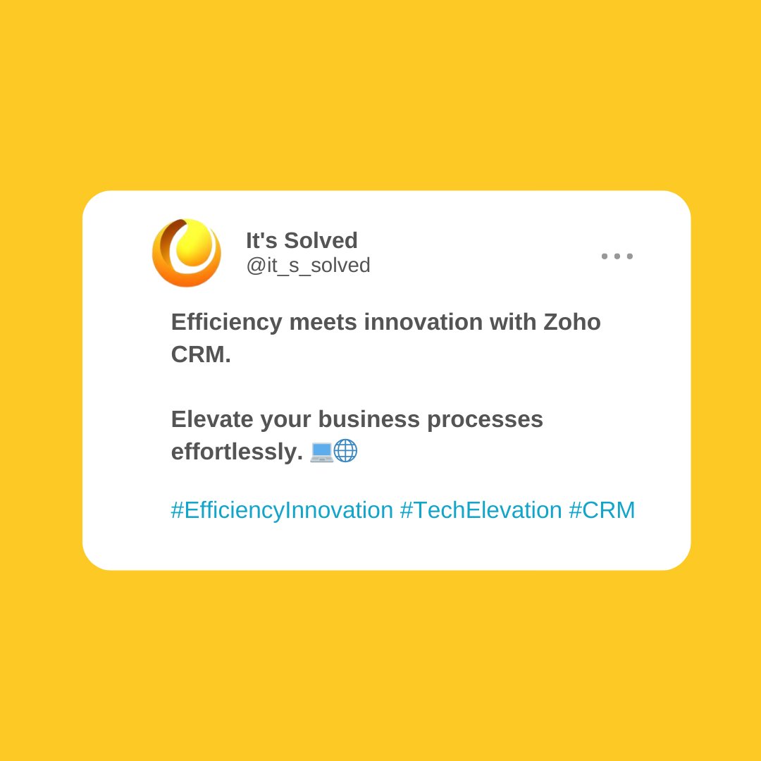it_s_solved's tweet image. Efficiency meets innovation with Zoho CRM. 

Elevate your business processes effortlessly. 💻🌐 

#EfficiencyInnovation #TechElevation #CRM 

Visit:- itsolutionssolved.com.au/zoho-crm