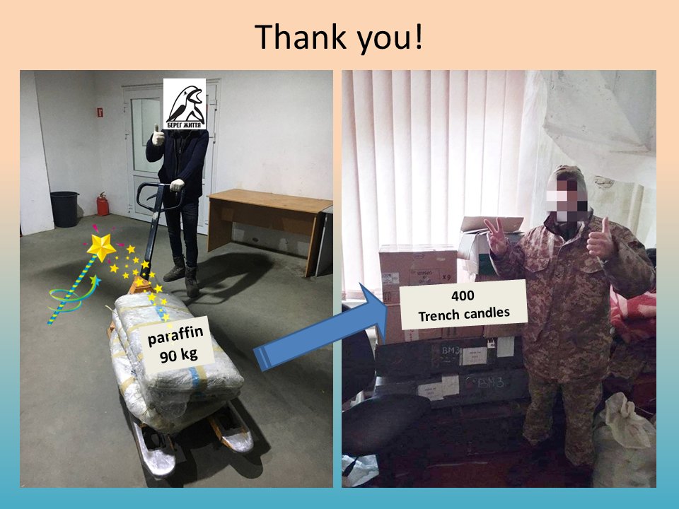 #AYearAgo 🎉we created our Twitter page! This is a picture from one of our first posts: our friend from #Oslo fundraised for 90 kg of paraffin and it helped us manage a request for 400 large 🥫🕯️.
 
Support: PP alpenhogs@te.net.ua
#memories #UkraineKrieg #winter #trenchcandles