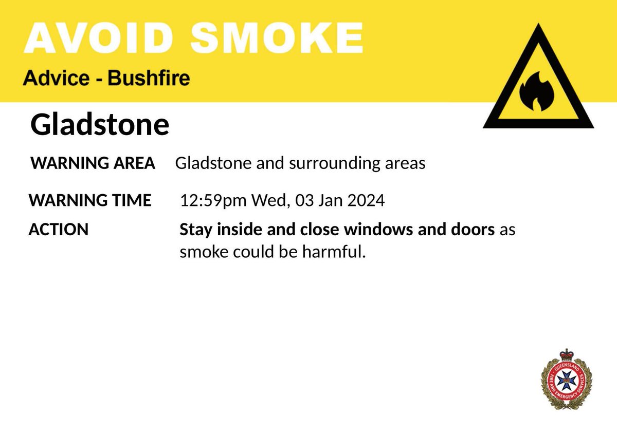 AVOID SMOKE - Gladstone - fire as at 12:59pm Wednesday, 3 January 2024. For all current warnings, updates and mapping go to qfes.qld.gov.au/Current-Incide….