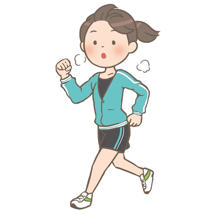 健康(ダイエット)のためにジョギング(走る)をする若い女性のイラストです。 半ズボンのジャージを履いています。   #フリーイラスト #フリー素材 #看護師イラスト集  看護師イラスト集 ジョギングをする若い女性のイラスト(長ズボン)   