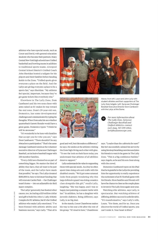 HOT OFF THE PRESS! Check out the inspiring #LallyZone story in #CNYMagazine w/
<a href="/CuseFootball/">Syracuse Football</a>'s own John Lally &amp; Laura Lally
<a href="/Lallyfoundation/">Lallyfoundation66</a>. It beautifully captures the power of sports in uniting communities &amp; fostering limitless possibilities #SyracuseChallengers #UnifiedSports
