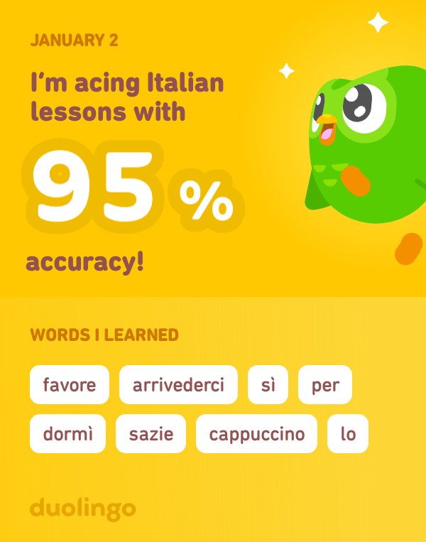 zen_gotdemar's tweet photo. I’m learning Italian on Duolingo! It’s free, fun, and effective. https://t.co/CTWX9rGLV8