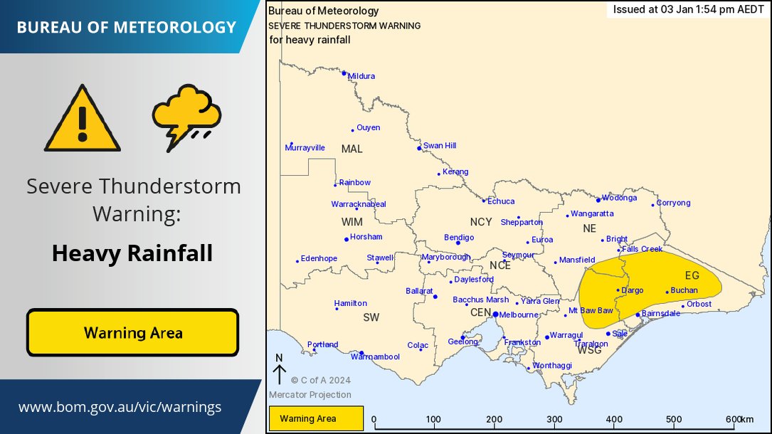 ⚠️ A SEVERE THUNDERSTORM WARNING has been issued for parts of the East Gippsland, West and South Gippsland, and North East forecast districts. Thunderstorms in the warning area are likely to produce HEAVY RAINFALL that may lead to flash flooding. Details: ow.ly/pIwc50QnhiT