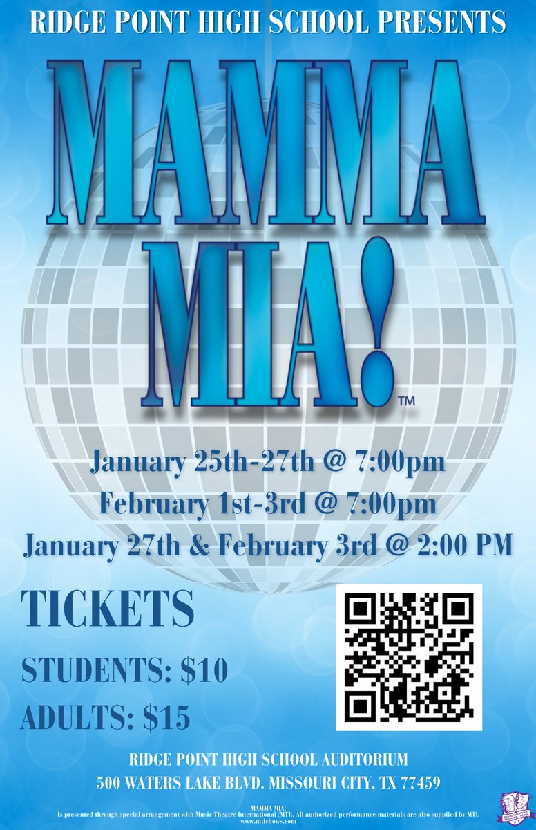 NEW YEAR NEW SHOW!!!!🎉💙 Ridge Point Theatre is thrilled to announce tickets will officially be on sale for our musical THIS FRIDAY! 🪩💃🏻🕺🏾We have reserve seating for this production so please purchase asap, you won’t want to miss it!! 🎭🌺 rphstx.booktix.net