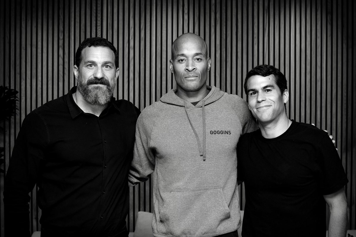 hubermanlab's tweet photo. Post recording the @hubermanlab podcast w/ @davidgoggins &amp; HLP Producer @R_Mohr 
Podcasting w/guests is always spontaneous on the HLP. I never send Qs over first. It’s always unclear where it will go. David brought 110% energy, honesty, vulnerability… = incredibly valuable info. https://t.co/rY7w7E6aK2