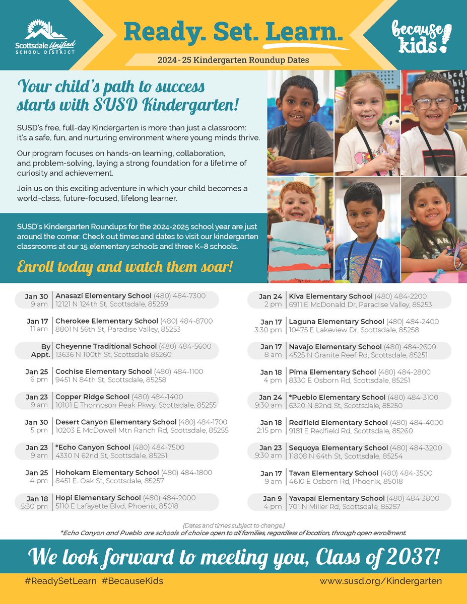ScottsdaleUSD's tweet photo. SUSD is now enrolling for Kindergarten for the 2024-2025 school year!
Don't miss out – visit https://t.co/BJbz3getWc for details, including upcoming Kindergarten Roundup dates!
#EnrollNow #EducationMatters #BecauseKids #OneTeam #WorldClassFutureFocused #Kindergarten https://t.co/fUwsn7hJdN