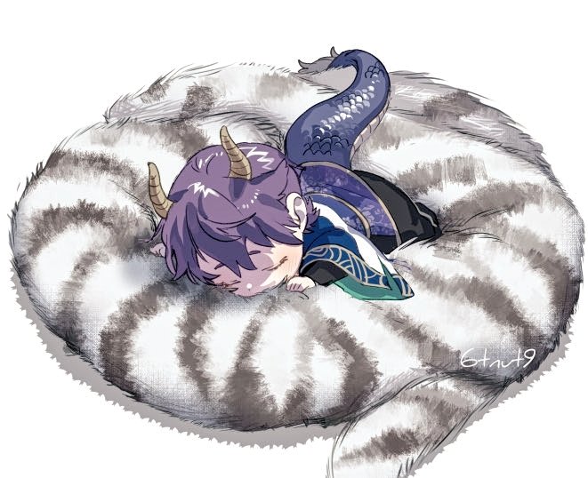 1boy tail horns male focus purple hair dragon tail white background  illustration images