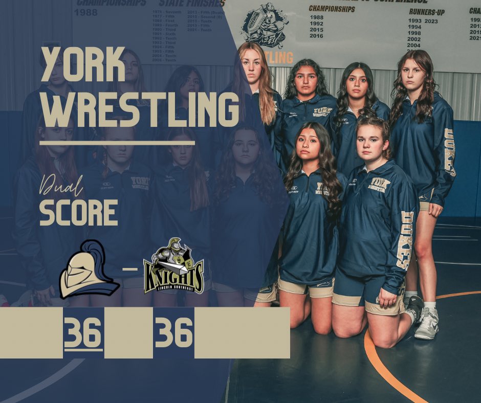 YorkDukeWrestle's tweet photo. Dual scores against Lincoln Southeast. Girls win on criteria. #yorkdukes https://t.co/RXcgKg5KzQ