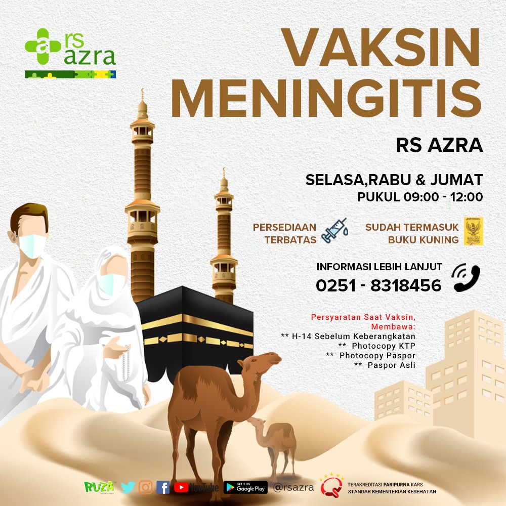 Vaksin ini efektif mencegah penyakit meningitis sampai dengan 90%.
Vaksin Meningitis kini bisa di dapatkan di RS AZRA dilengkapi dengan Buku Kuning ICV (International Certificate of Vaccination).
Sehat Selalu Keluarga AZRA 💚