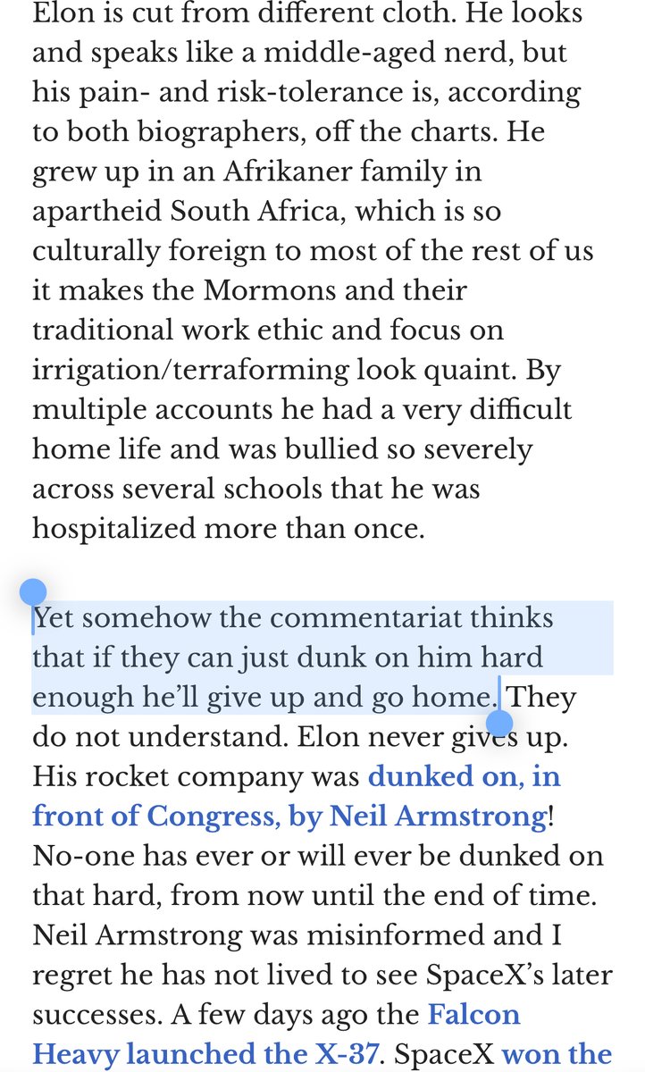 <a href="/CJHandmer/">Casey Handmer</a>'s beautiful defense on every criticism ever laid on <a href="/elonmusk/">Elon Musk</a>, particularly by John Oliver.

Casey, the author, is a fairly distinguished hardware entrepreneur, not a professional entertainer.

I wish we celebrated innovation more instead of constantly tearing it down.