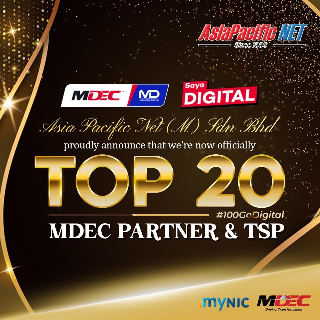 AsiaPacificNET_'s tweet photo. We are the MDEC Top 20 Partners and TSP award today, ranking 11th overall. Moving from Top 50 to Top 20.
#AsiaPacificNet - A Name You Can Trust
🎊🎉 Congratulations to our management and staff
#AsiaPacificNet #MDEC100GoDigital
#MDECtop20 #100GoDigital https://t.co/8FuzhLzsk5